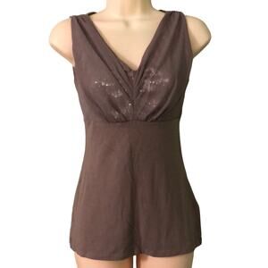 Express XS Brown Knit Top Sequins and Chiffon Empire Waist in front